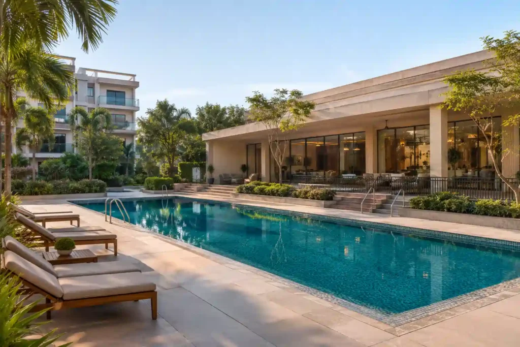Clubhouse and swimming pool amenities at a Sector 67A builder floor project