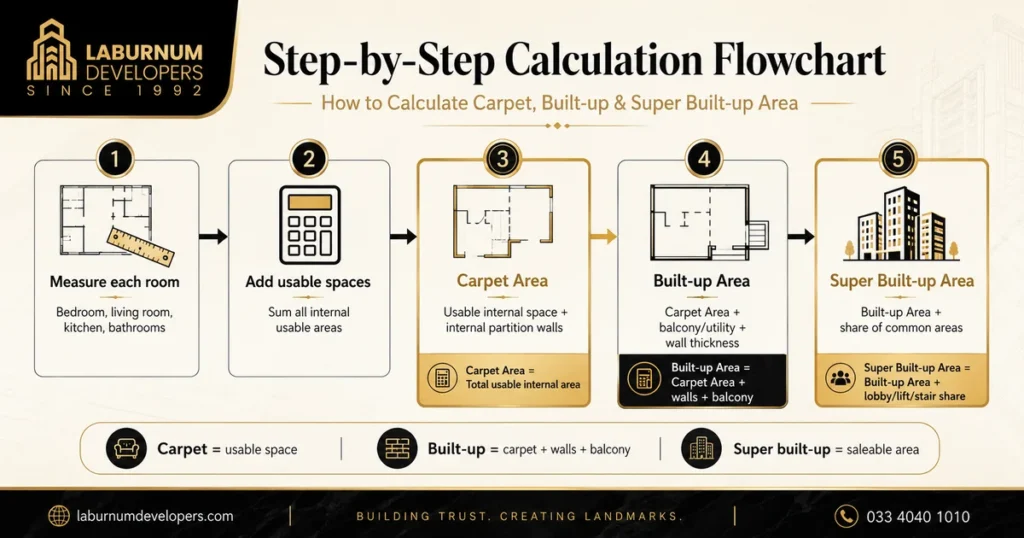 Calculate Carpet Area, Built-Up Area, and Super Built-Up Area