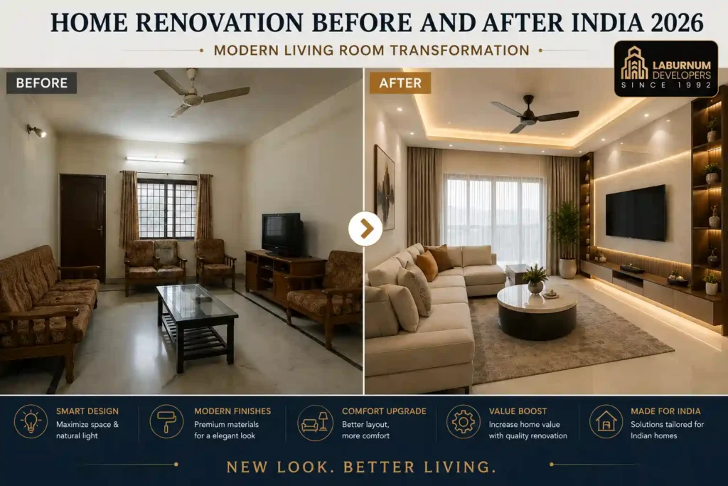 Budget home renovation ideas India 2026 — living room transformation on a budget