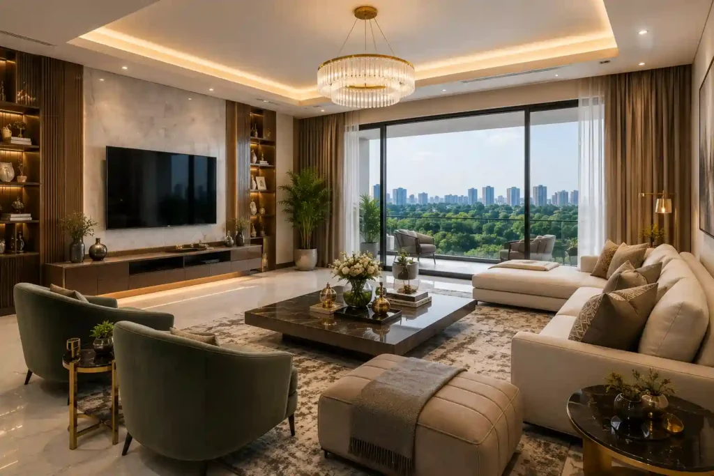 Spacious living room in 4 BHK luxury builder floor on Dwarka Expressway by Laburnum Developers