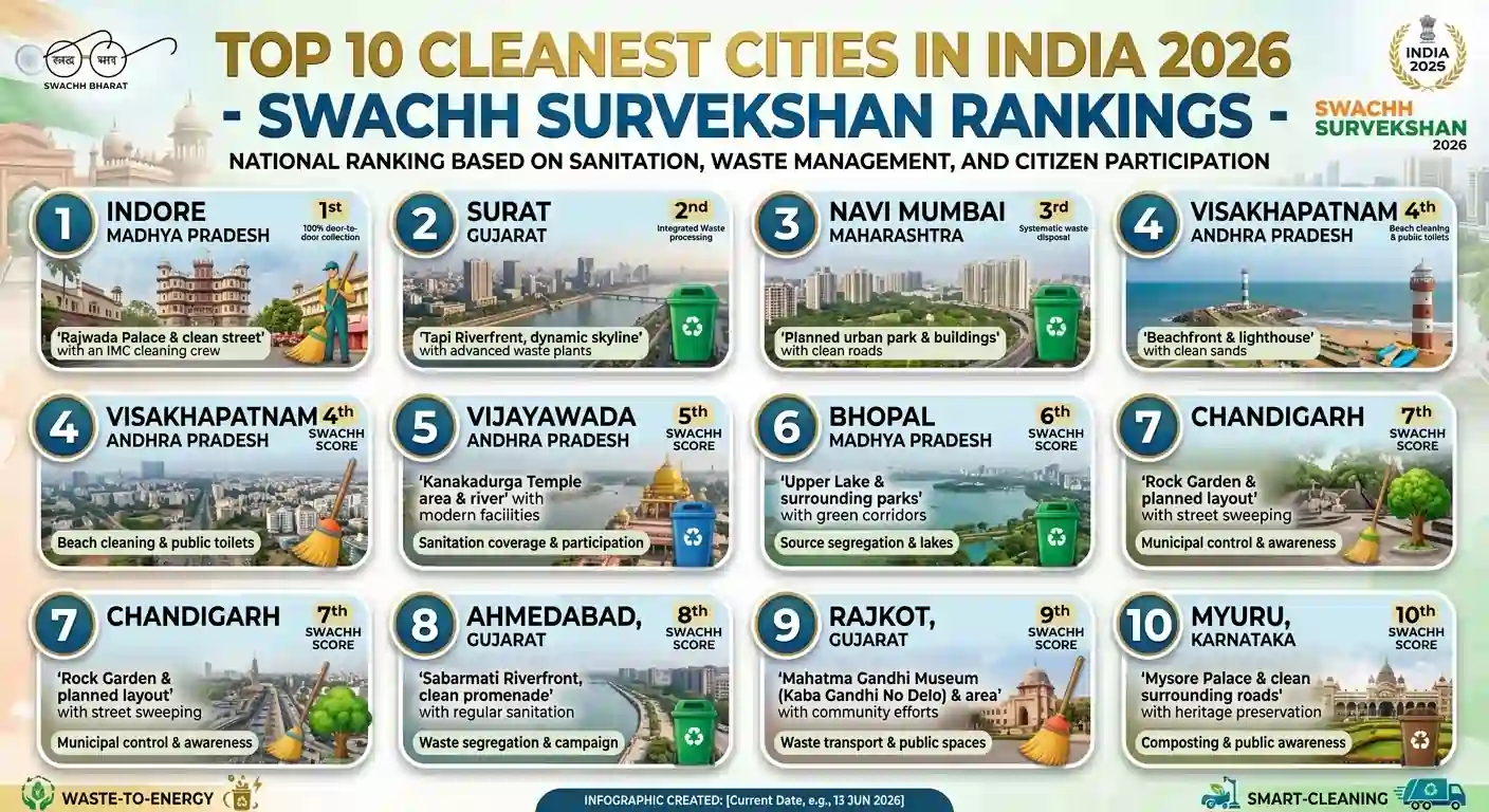 Top 10 Cleanest Cities in India 2026 - Swachh Survekshan Rankings