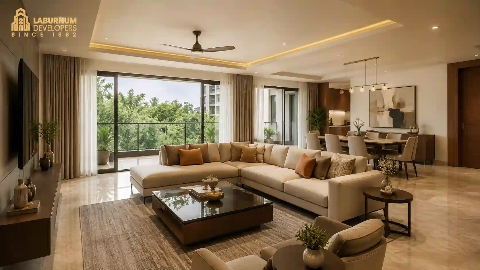4 BHK living room interior of a modern builder floor in Gurgaon