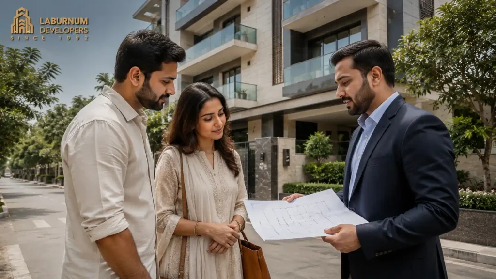 Home buyers inspecting Laburnum Developers Floors in Gurgaon
