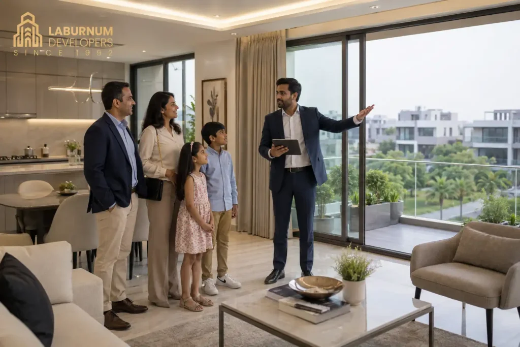 Indian NRI family visiting and inspecting a newly constructed luxury builder floor in Gurgaon