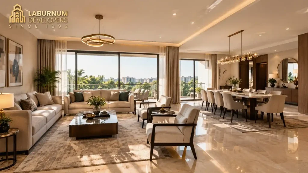 4 BHK living room interior Laburnum low-rise floor