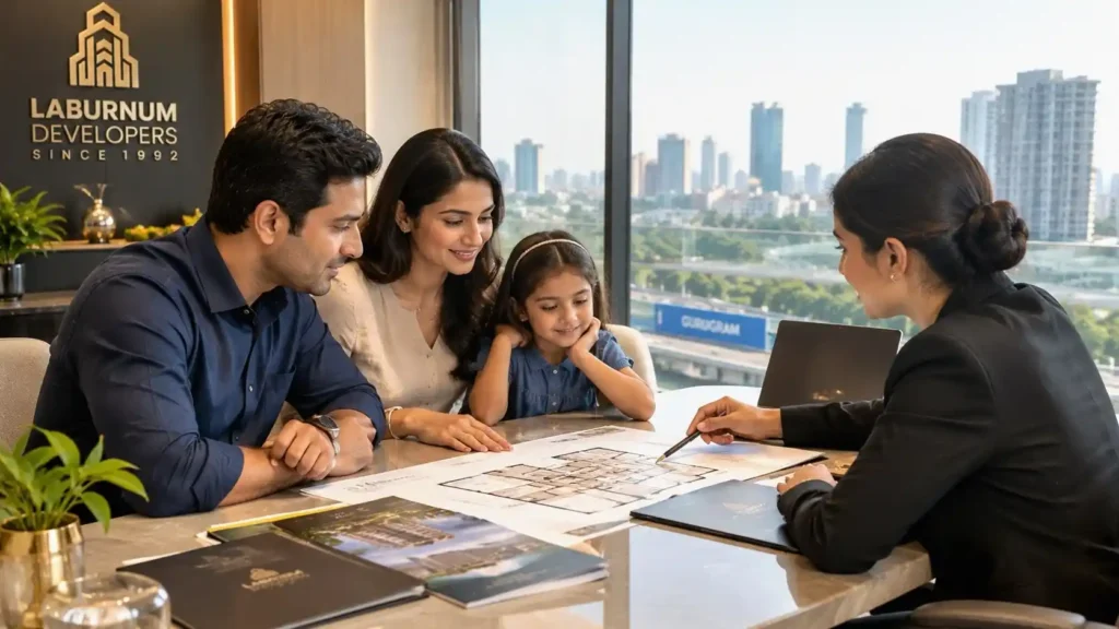 Family reviewing 4 BHK floor plan Laburnum Developers